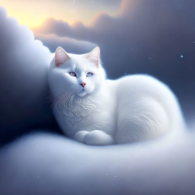 White Cat with Blue Eyes Resting on Cloud in Dusk Sky