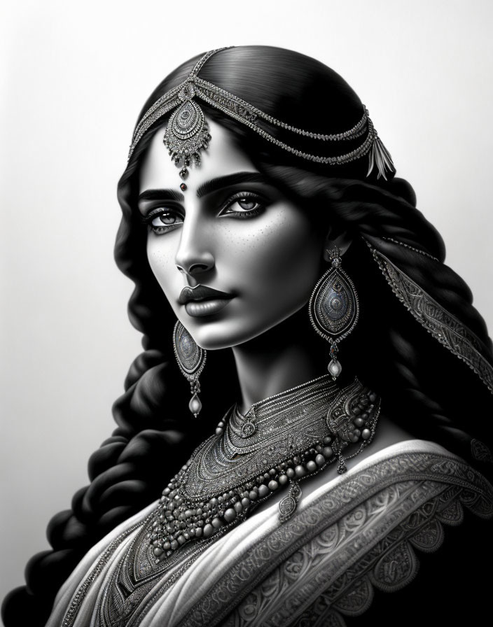 Detailed monochrome portrait of woman in traditional jewelry and attire