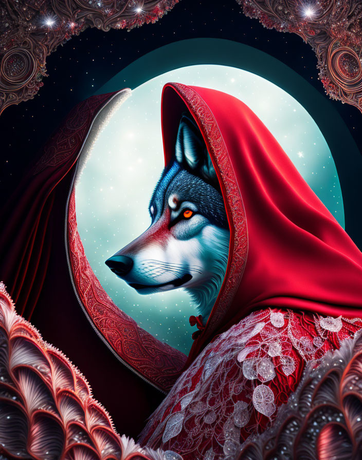 Wolf with human-like features in red hood against cosmic backdrop