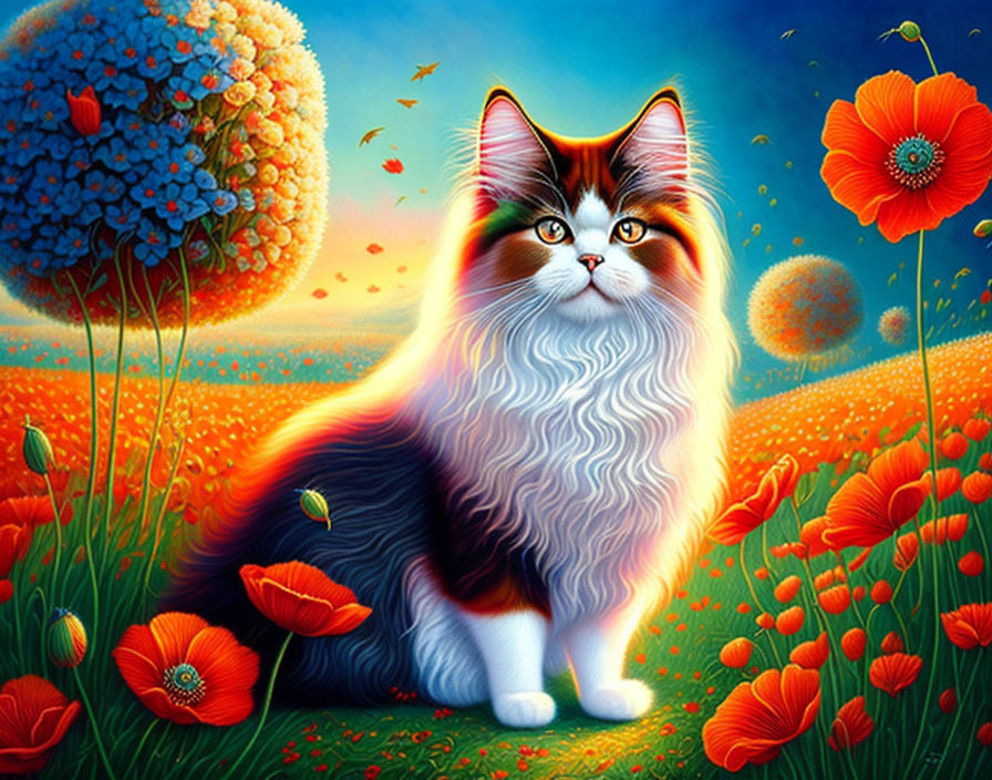 Vibrant cat artwork in colorful field with poppies and butterflies