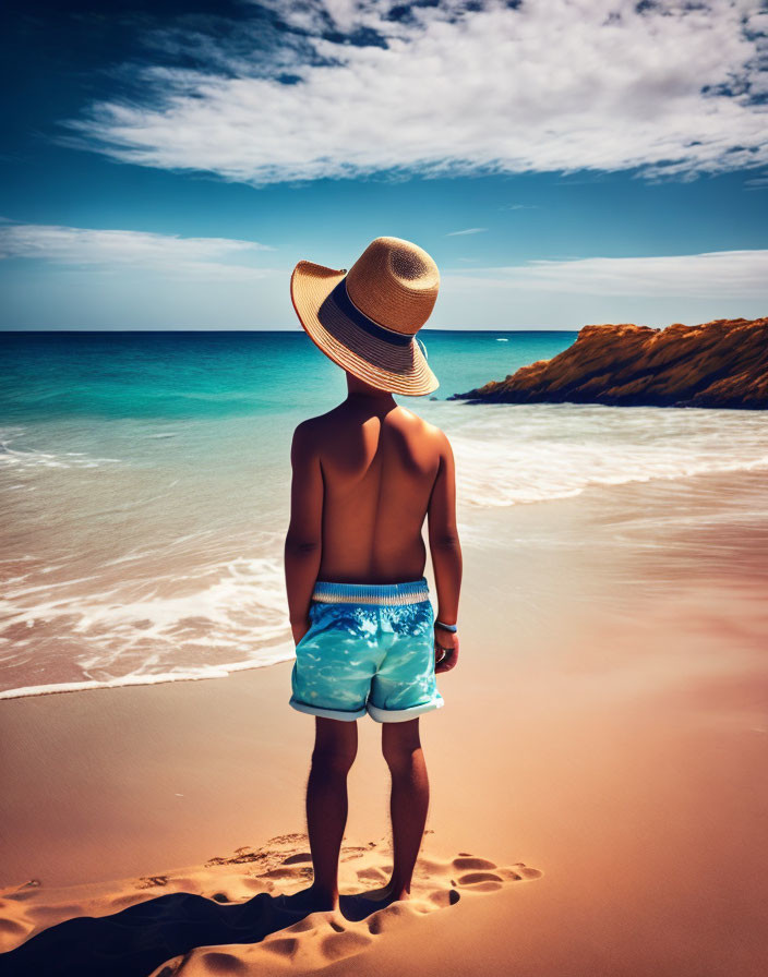 Child in Sunhat and Swim Shorts on Sandy Beach with Azure Ocean View