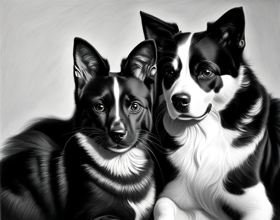 Black and white dogs with pointed ears in grayscale image