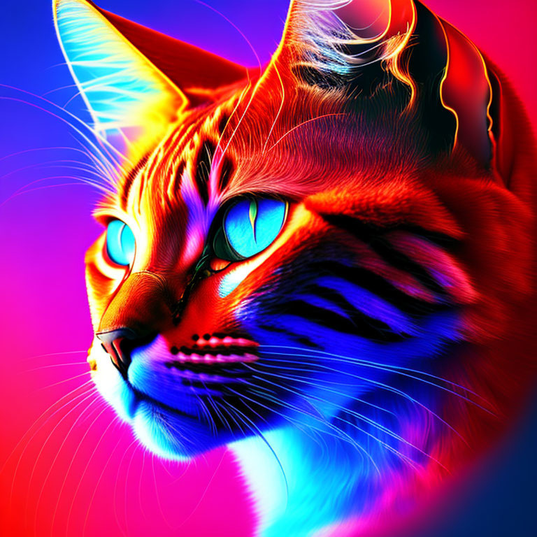 Colorful digital artwork: cat with intense blue eyes, neon blue and red hues.