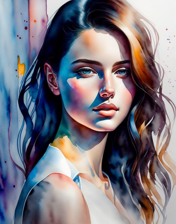 Vibrant watercolor portrait of a woman with flowing hair and blue shadows