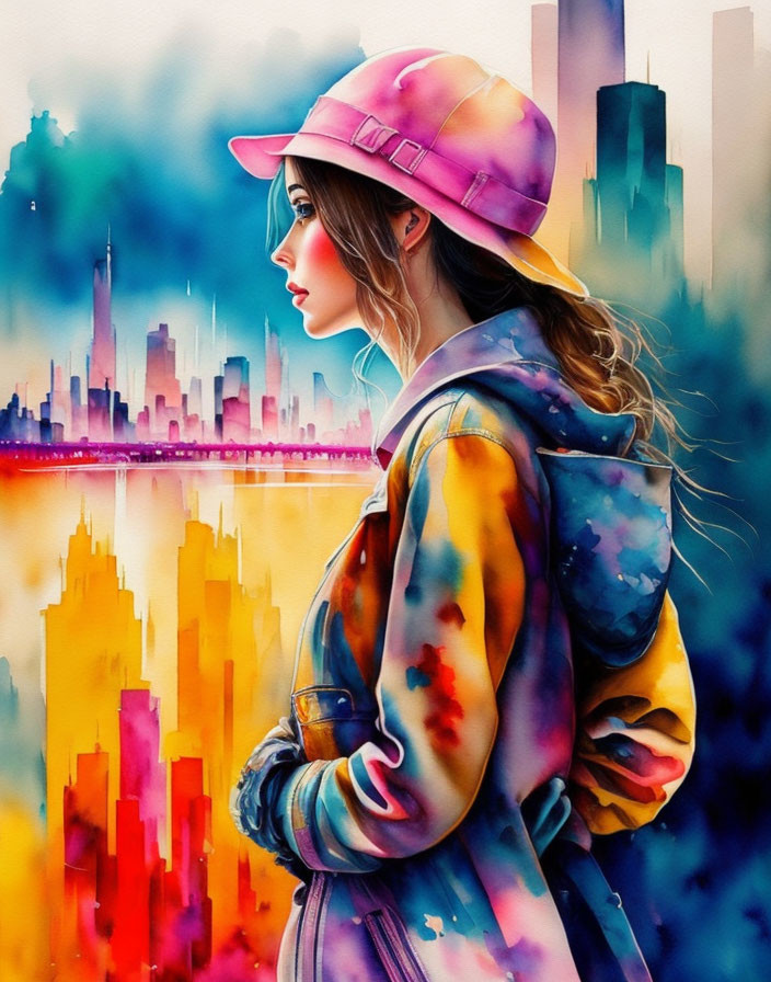 Colorful watercolor illustration of woman in cap with cityscape reflection.