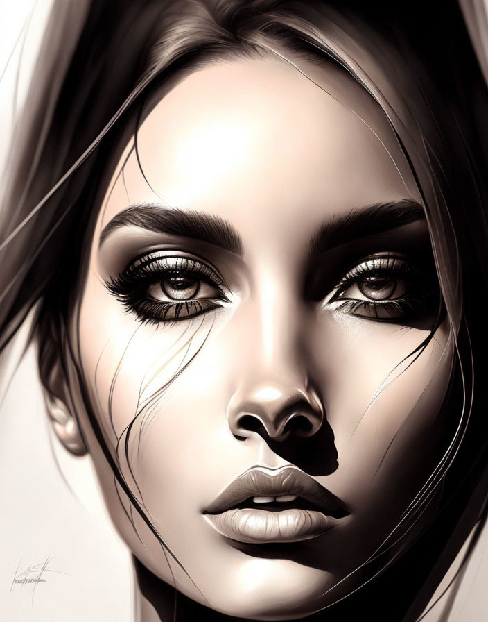 Detailed black and white digital portrait of a serene woman with expressive eyes.