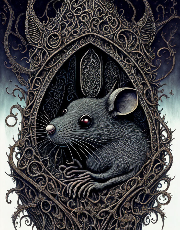 Realistic Mouse Illustration in Gothic-Style Frame