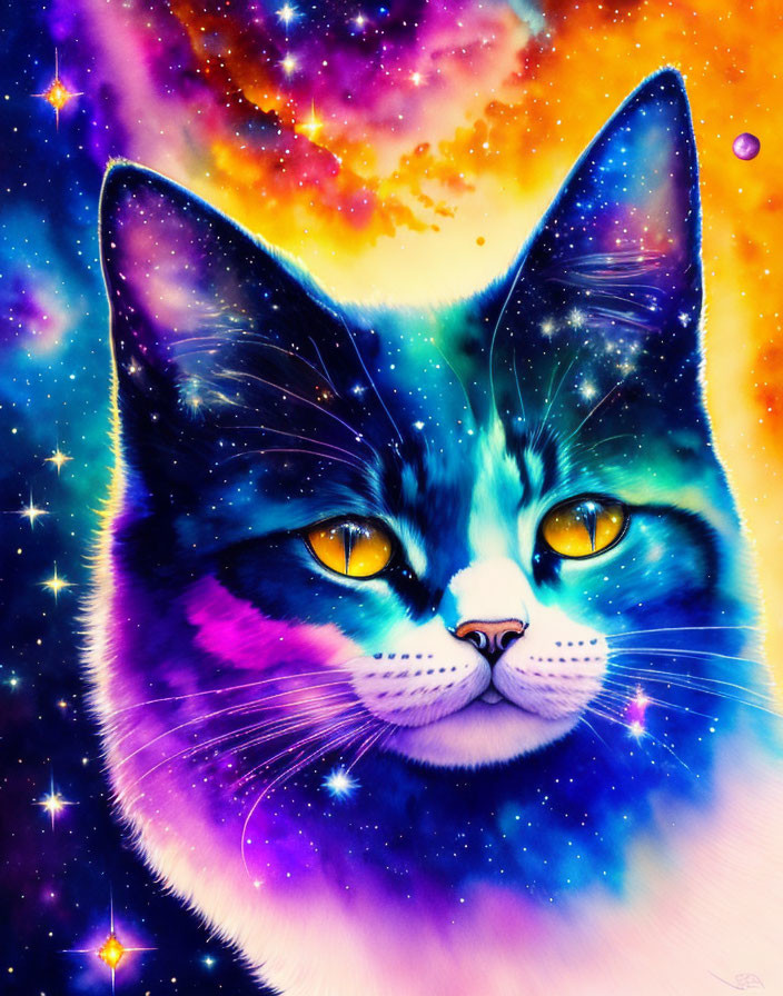 Cosmic-themed digital artwork of a cat against colorful nebula backdrop