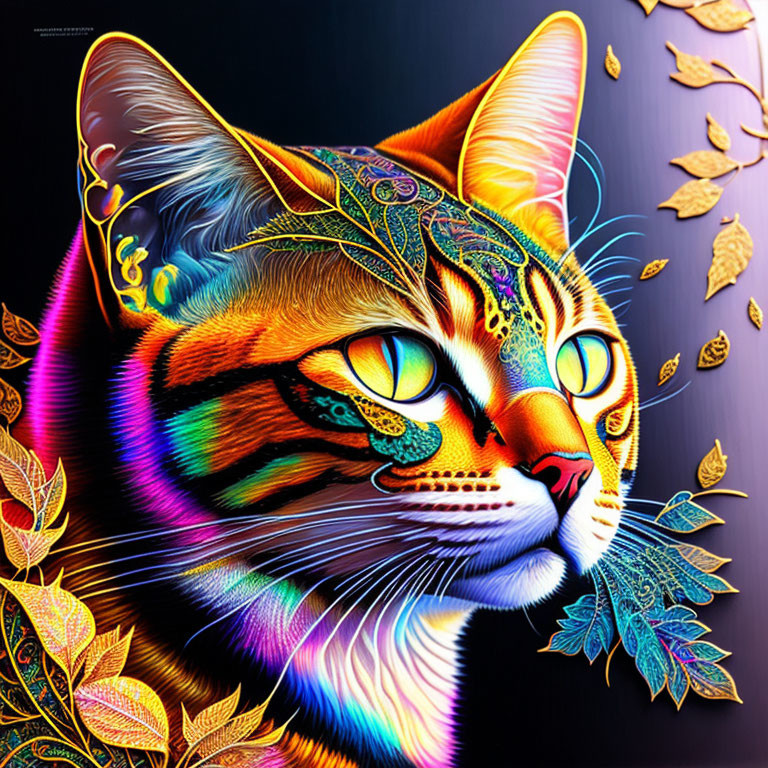 Colorful digital artwork: Cat with intricate patterns and golden leaves on dark background