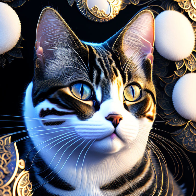 Blue-eyed cat digital artwork on navy blue background with ornate designs.