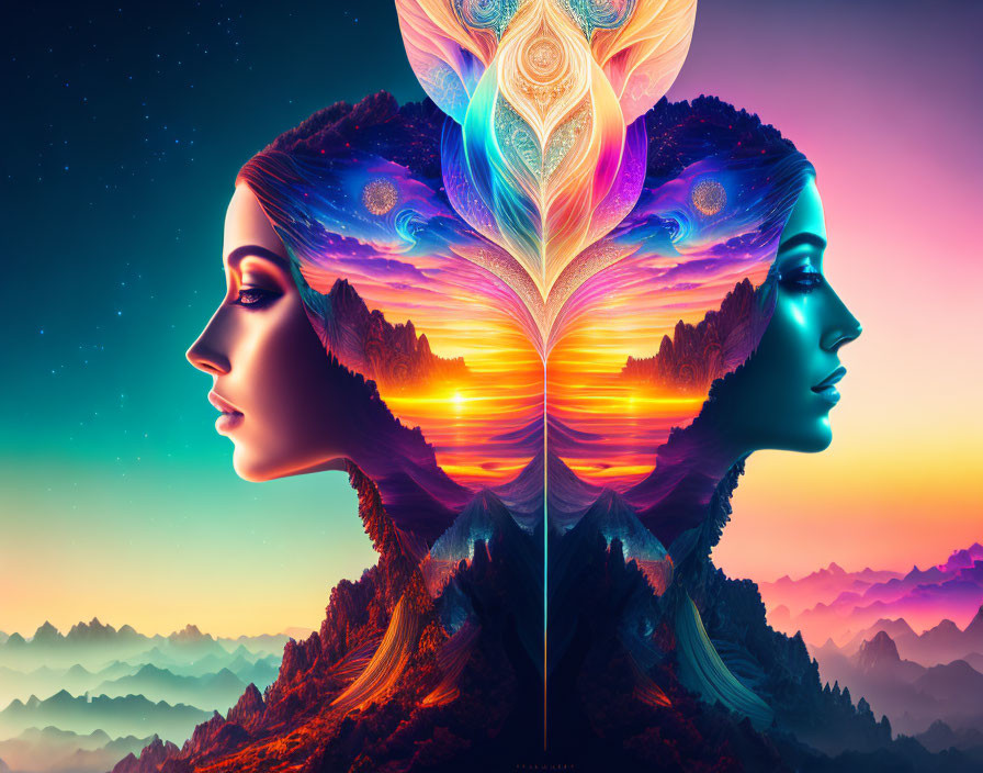 Symmetrical female profiles with landscapes and vivid patterns in digital artwork