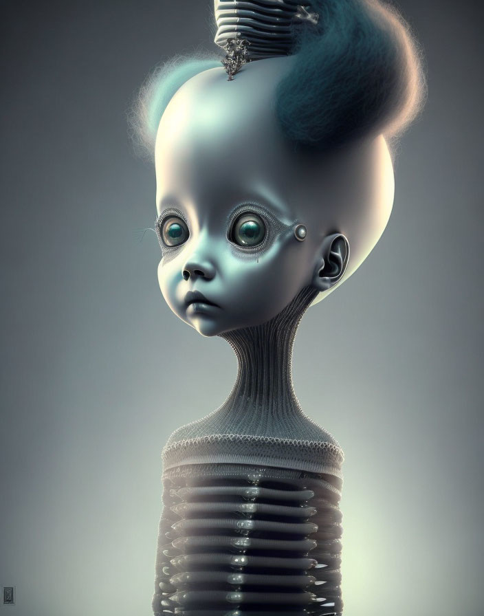 Surreal 3D Artwork: Character with Oversized Head and Mechanical Neck