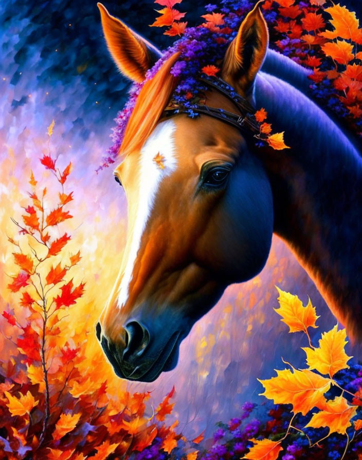 Colorful Horse Painting with Autumn Theme