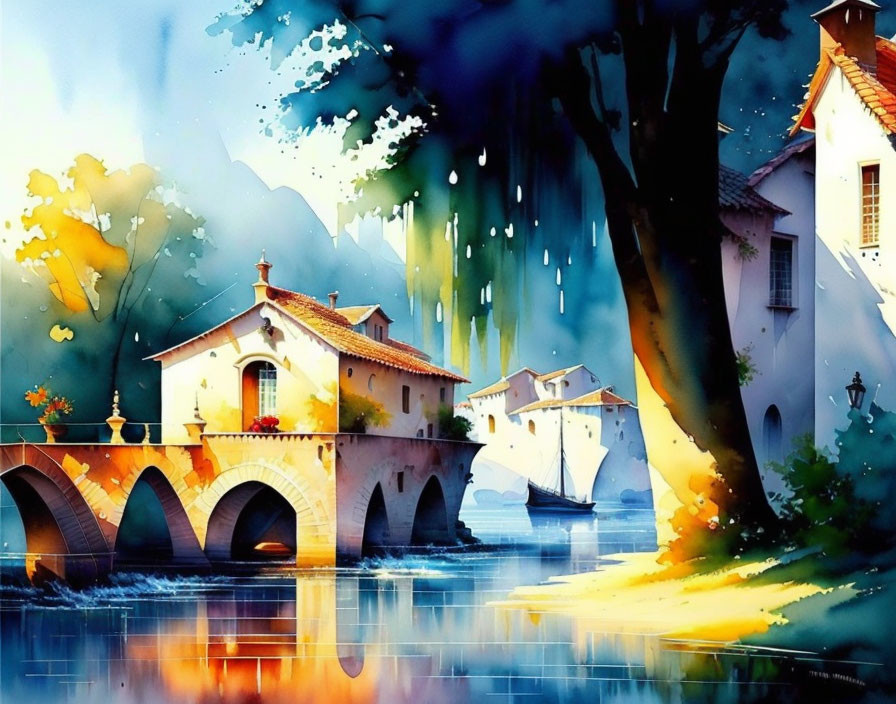 Colorful Watercolor Painting of Quaint Town with Bridge, Houses, and Sailboats