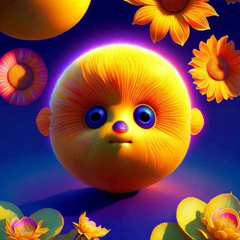 Colorful 3D illustration of fluffy orange character in sunflower field under purple sky.