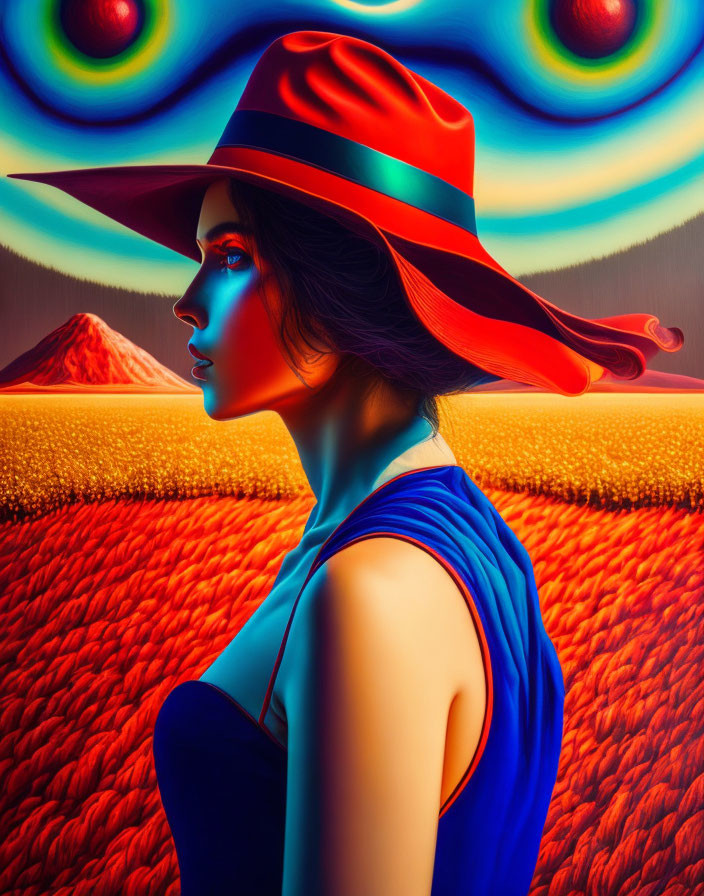 Woman in red hat and blue attire gazes at surreal multicolored sky swirls over orange landscape