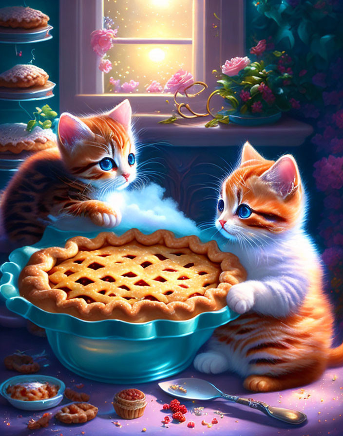 Two kittens with pie, flowers, and pastries in cozy setting