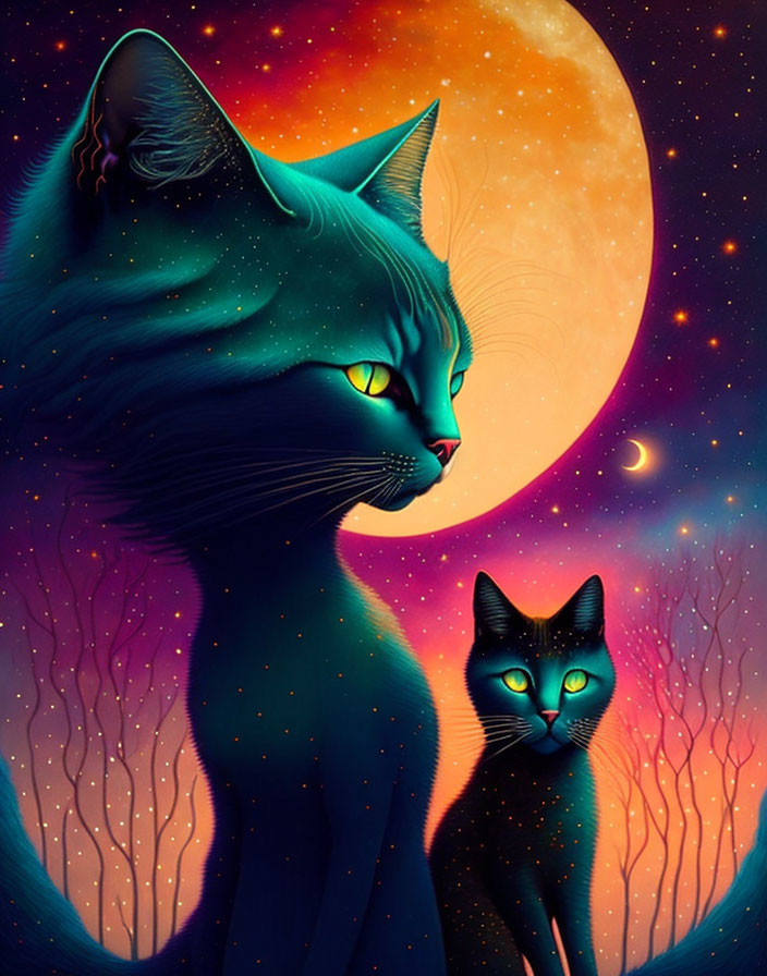 Colorful Night Sky Illustration Featuring Stylized Cats