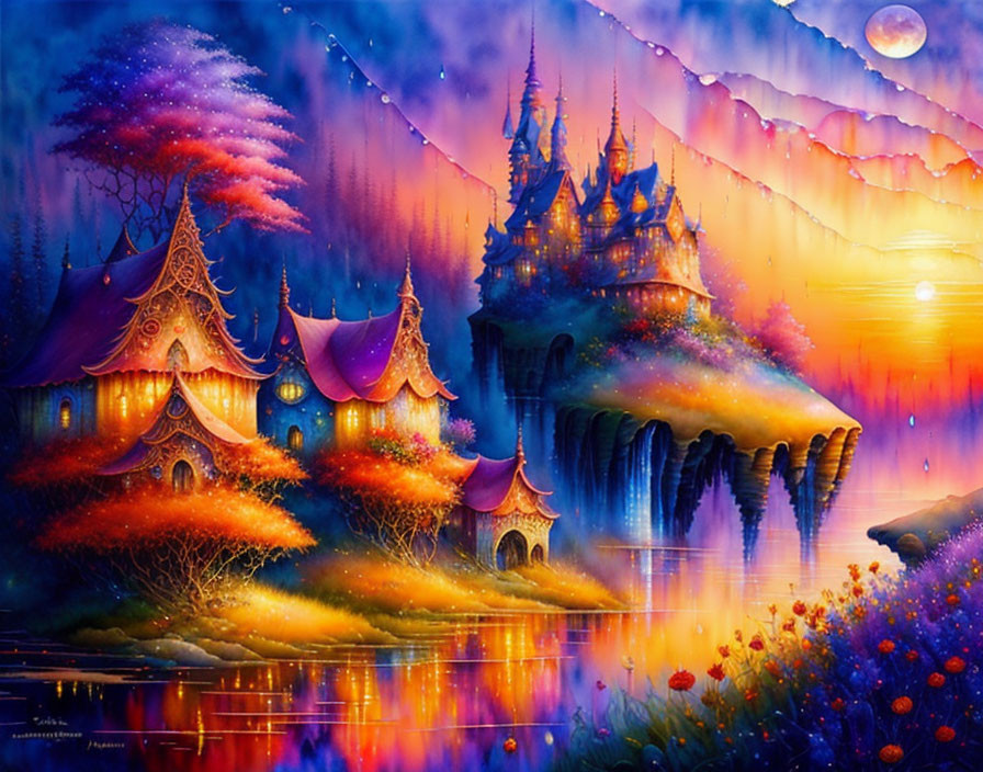 Colorful fantasy landscape with castles, trees, water reflections, and starry night sky.