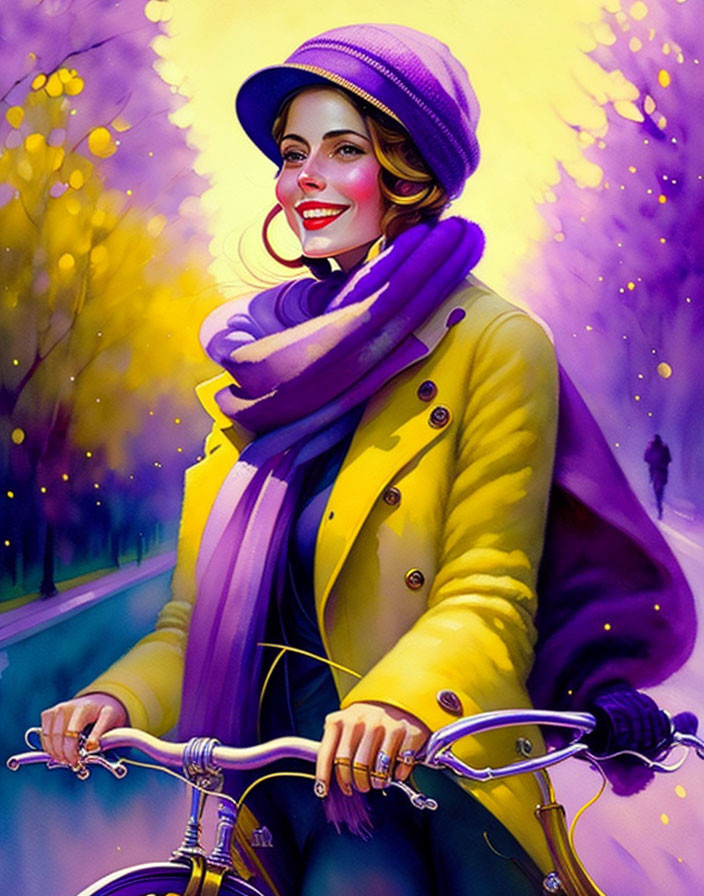 Smiling woman in yellow coat with purple scarf holding a bicycle