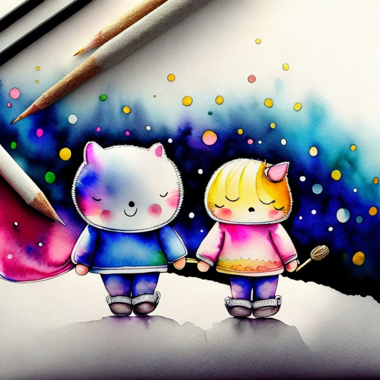 Illustrated Cat and Girl Holding Hands on Colorful Background