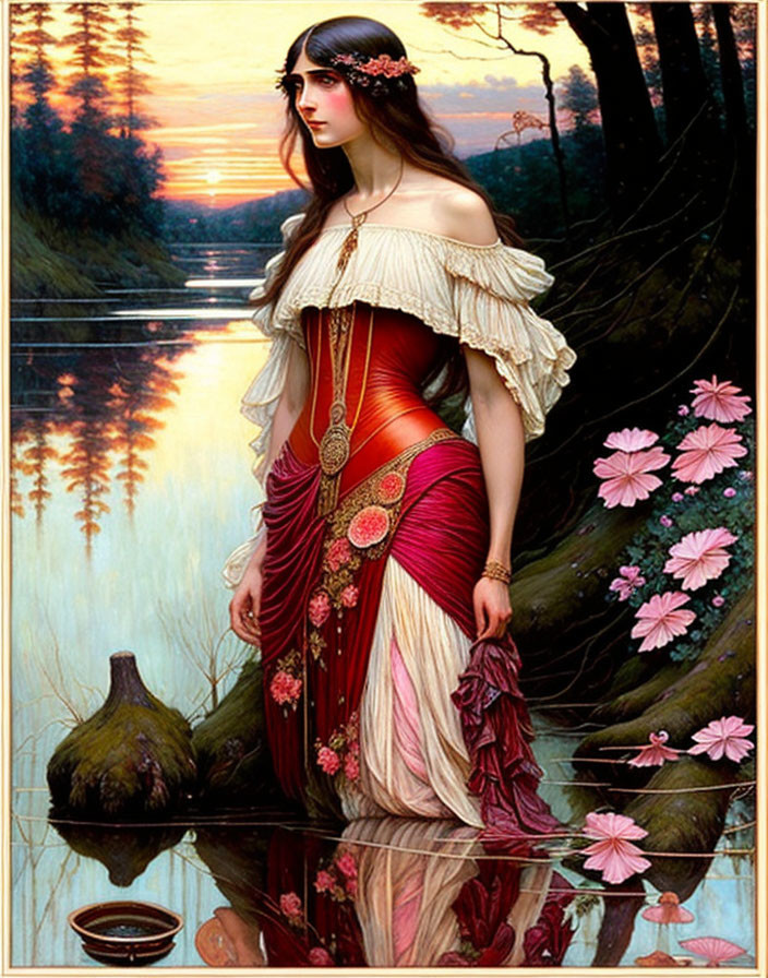 Woman in Red Dress by Serene Lake at Sunset with Floral Headpiece