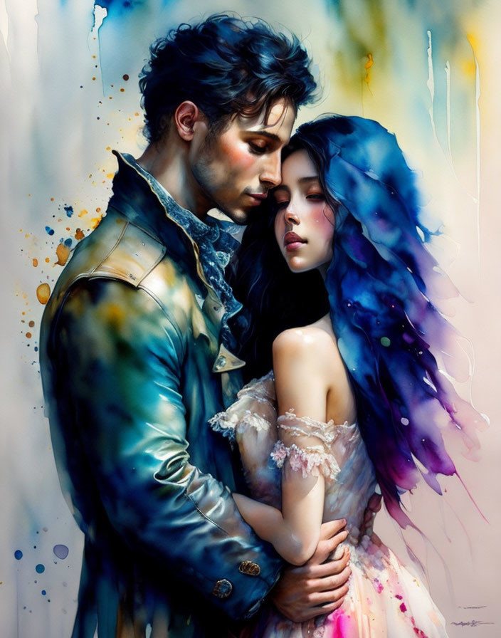 Romantic couple embracing in vibrant watercolor splashes