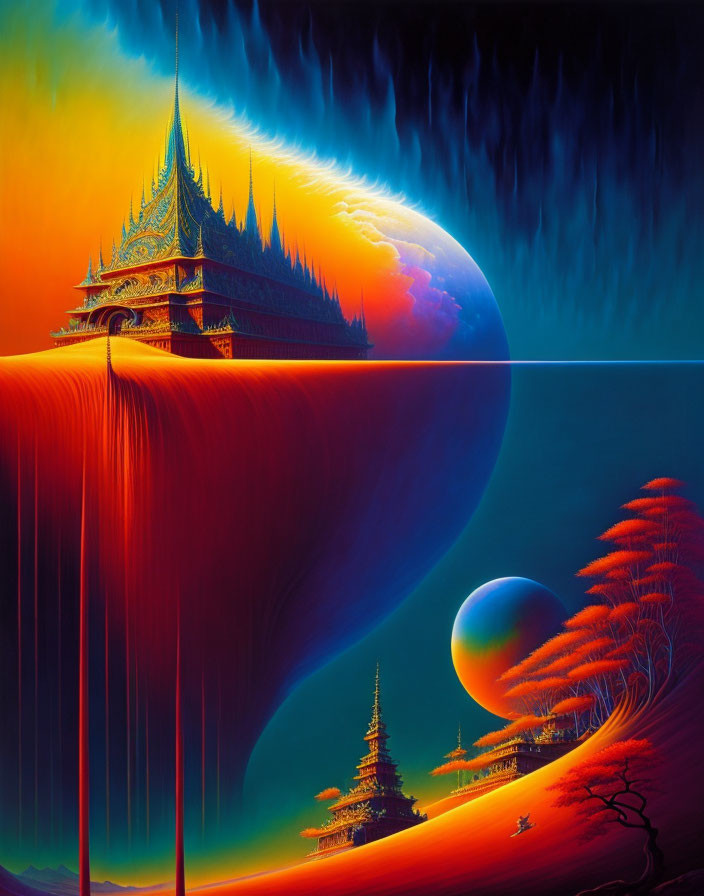 Surreal painting of Asian temple over lava cascade and planet horizon