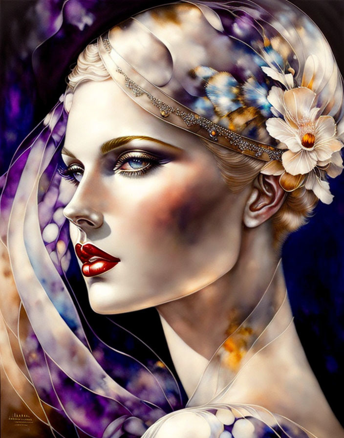 Illustration: Woman with fair skin, red lips, golden makeup, floral headpiece, purple veil