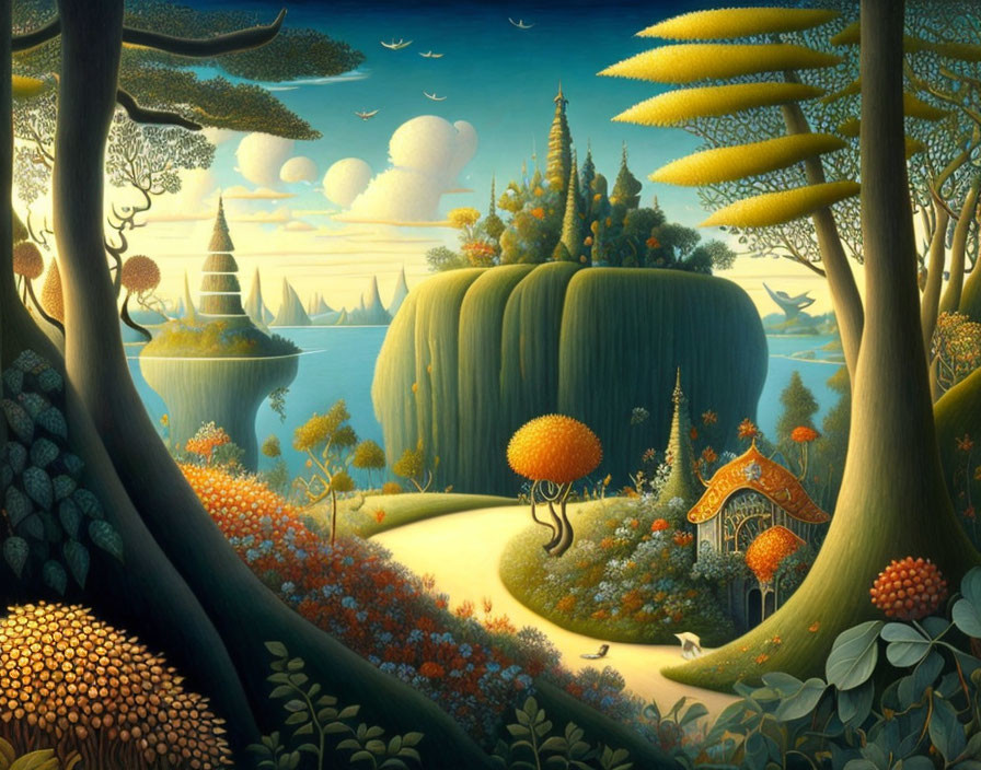 Whimsical landscape with stylized trees, house, and rolling hills