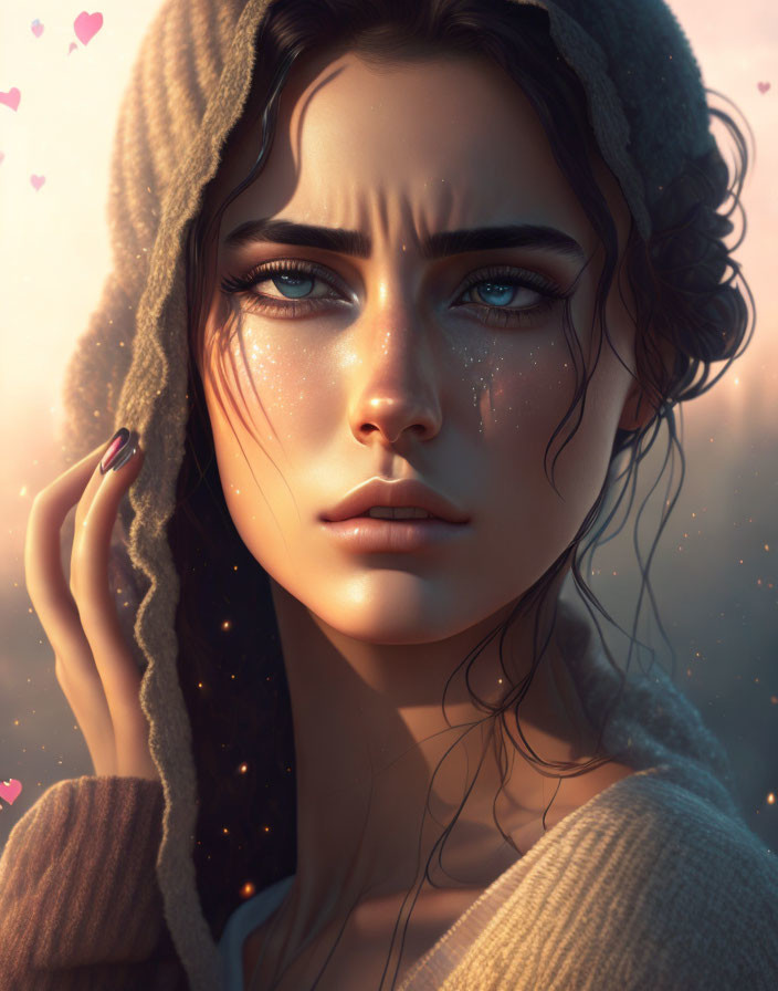 Digital artwork: Woman with teary blue eyes in hooded sweater, hearts and starry glow.