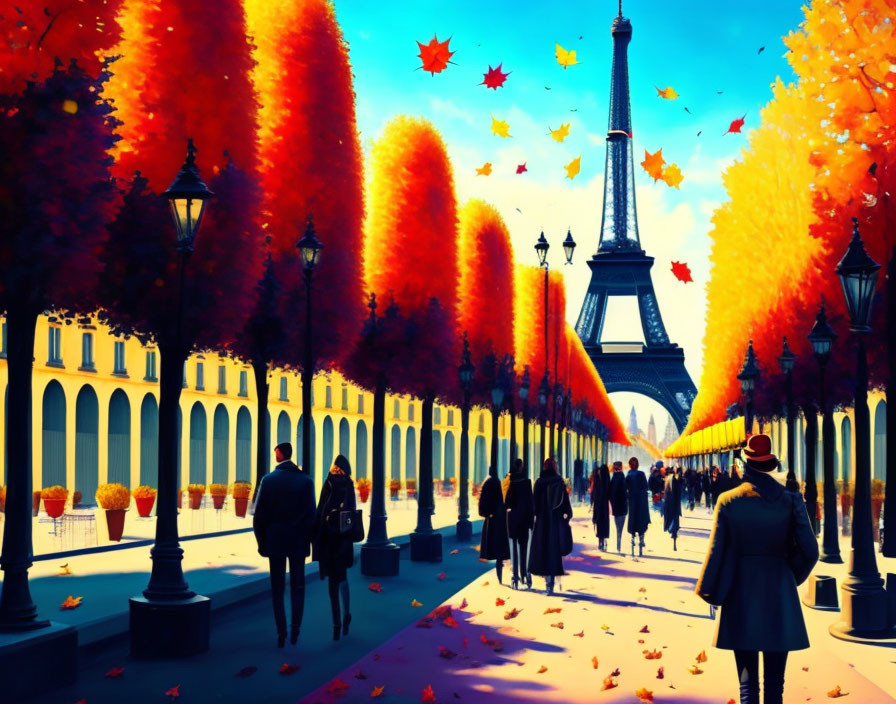 Colorful autumn scene with tree-lined avenue, people, and Eiffel Tower in the background