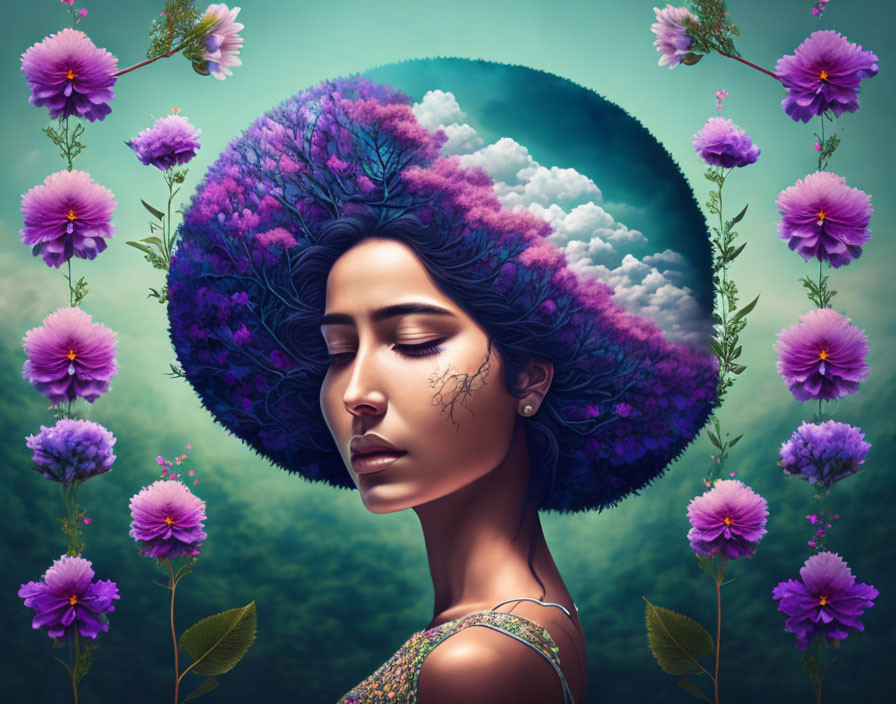 Serene woman with cloud and flower afro in dreamlike nature fusion