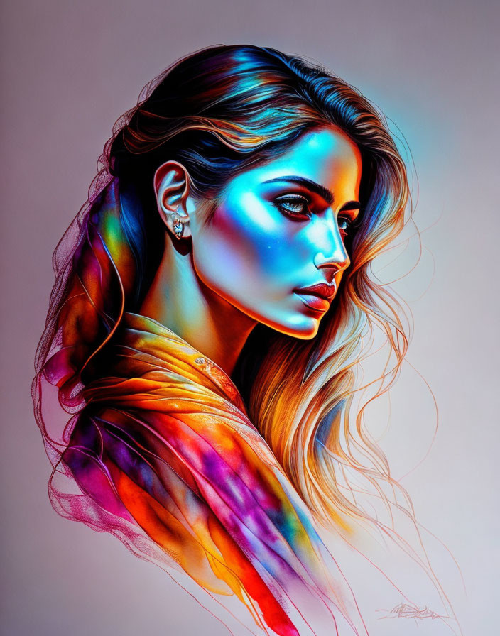 Vibrant digital artwork: woman with flowing rainbow hair