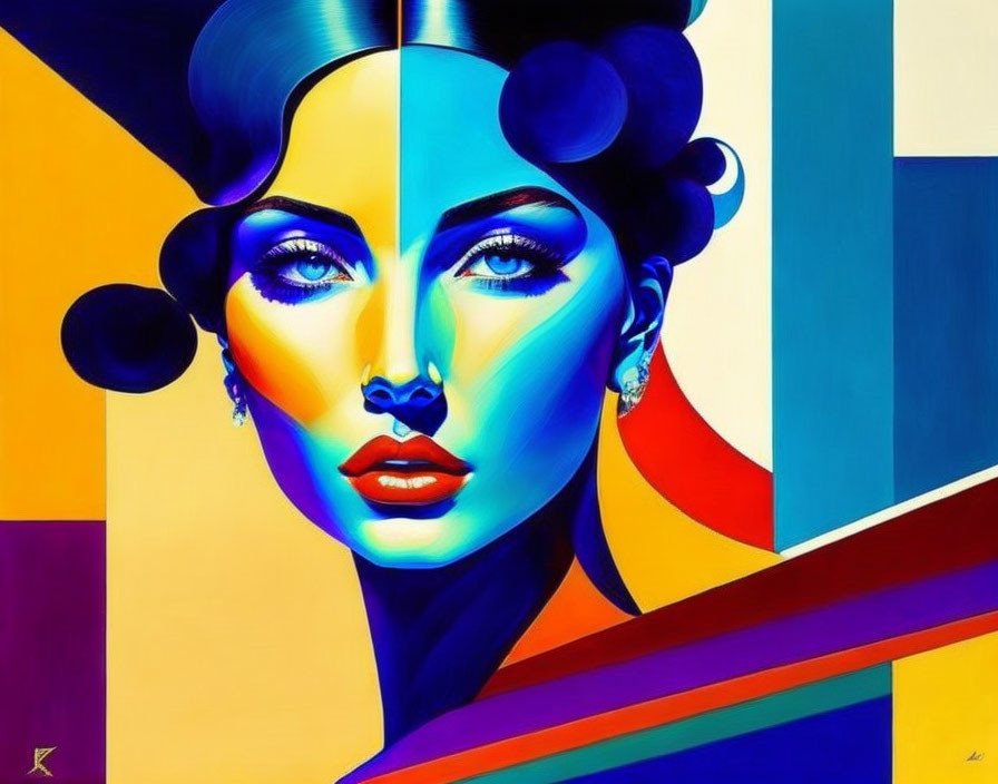 Abstract portrait of stylized woman with blue skin and geometric patterns