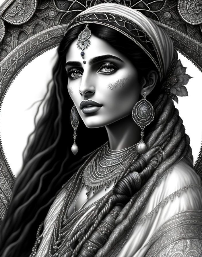 Detailed Monochrome Illustration of Woman with Traditional Jewelry