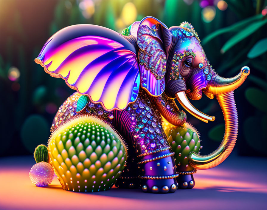 Colorful Elephant Illustration with Butterfly Wing Ear in Lush Tropical Setting