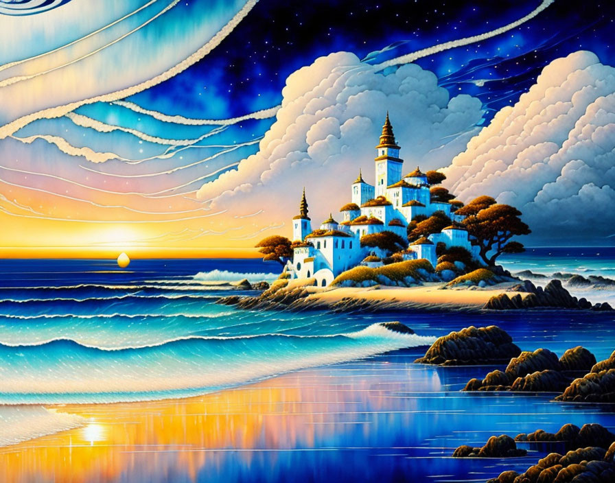 Serene seaside castle at sunset with waves and clouds