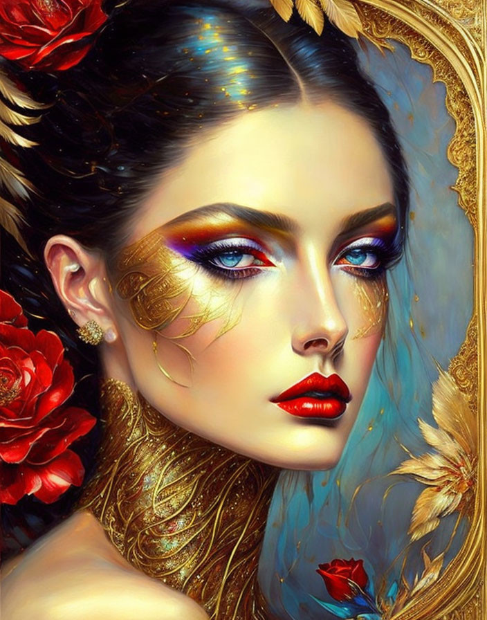 Digital artwork: Woman with bold makeup, gold leaf accents, and red flowers