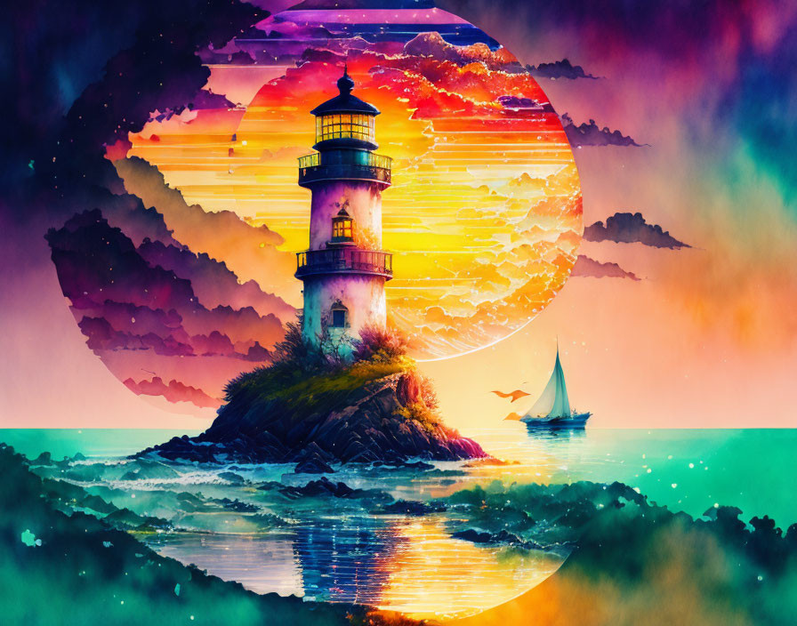 Digital artwork: Lighthouse on islet with sailboat at sunset