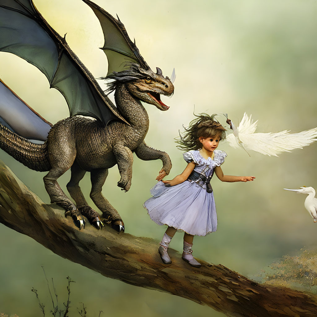 Fantastical scene: girl in dress on branch with bird and friendly dragon