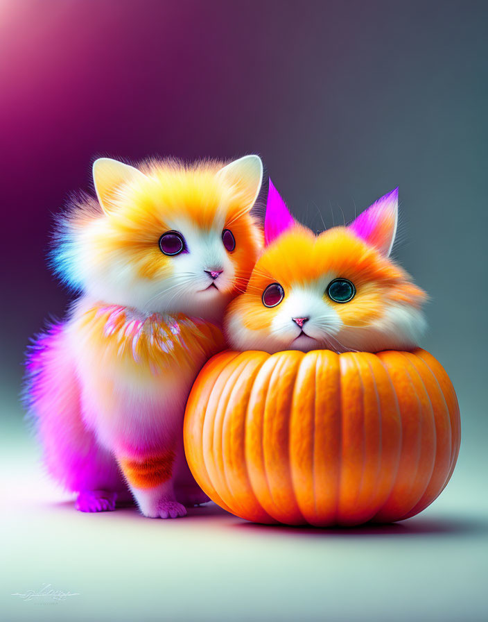 Two fluffy kittens in pumpkin on gradient background