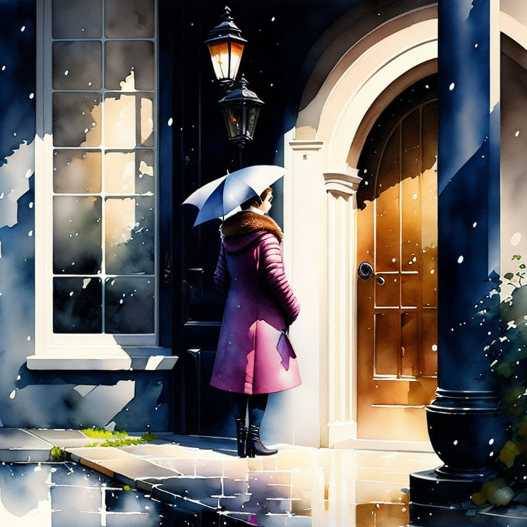 Person in Pink Coat with Umbrella Standing at Doorway on Rainy Night