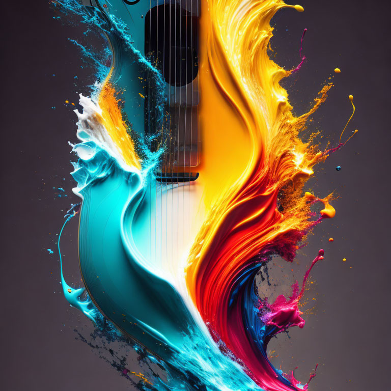 Colorful Paint Splash on Guitar Against Dark Background