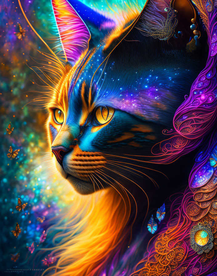 Colorful Cosmic Cat Illustration with Blue and Orange Fur