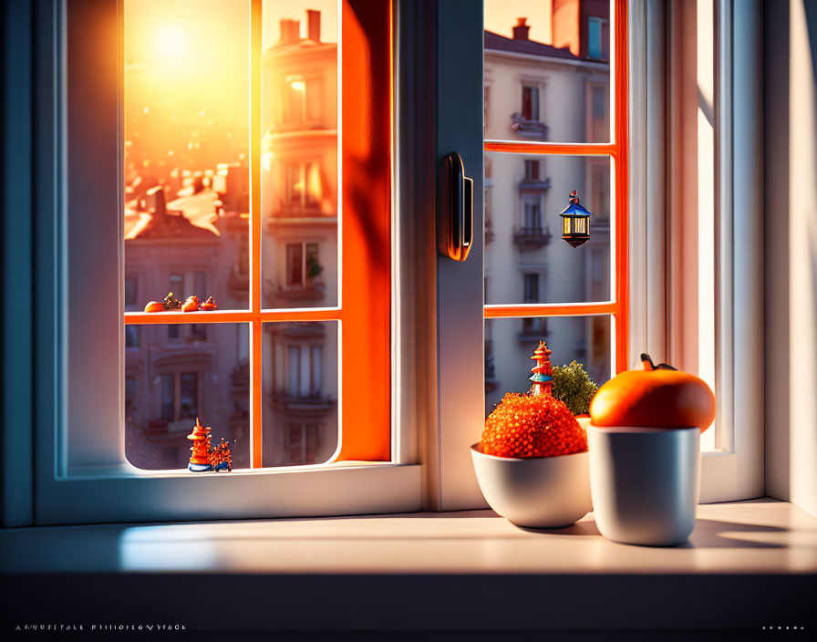 Sunset view of city buildings through open window with bowl, tree, and orange on windowsill.