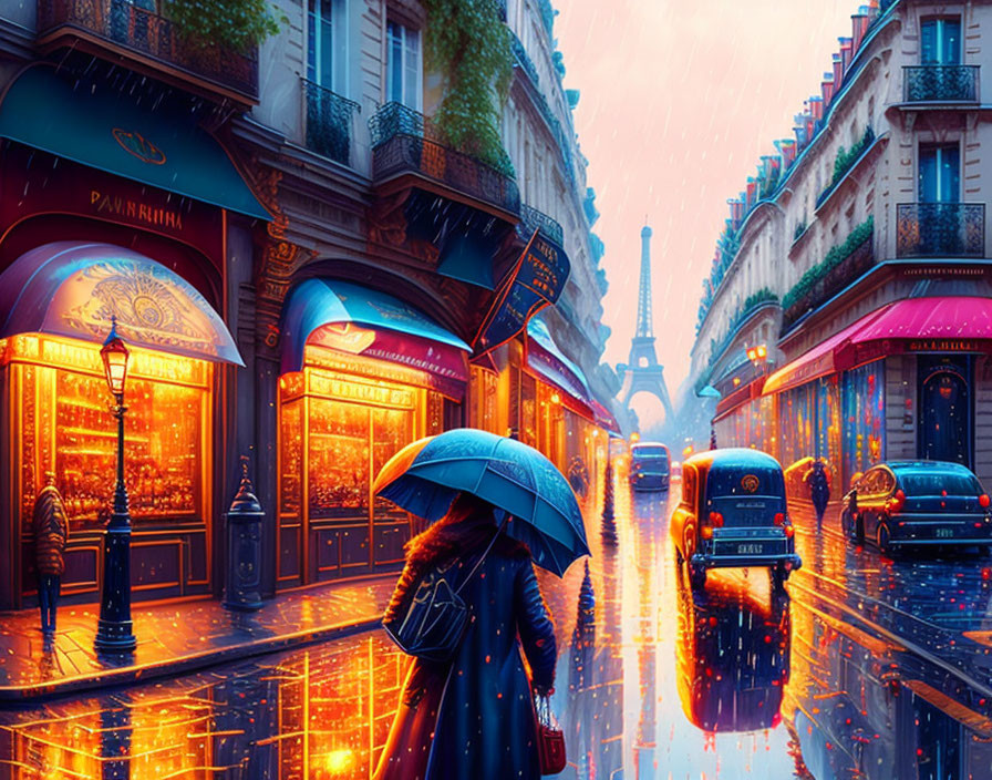 Rainy Paris street scene with umbrella, shops, and Eiffel Tower at dusk