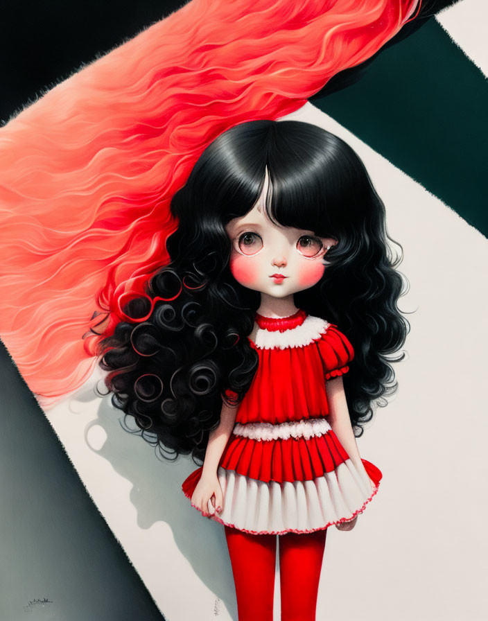 Red-haired doll-like girl in red & white dress against black & white backdrop