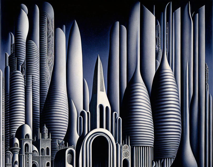 Monochrome futuristic cityscape with patterned skyscrapers