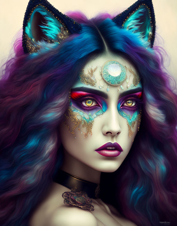 Colorful portrait of female figure with cat ears, multicolored hair, and artistic makeup.